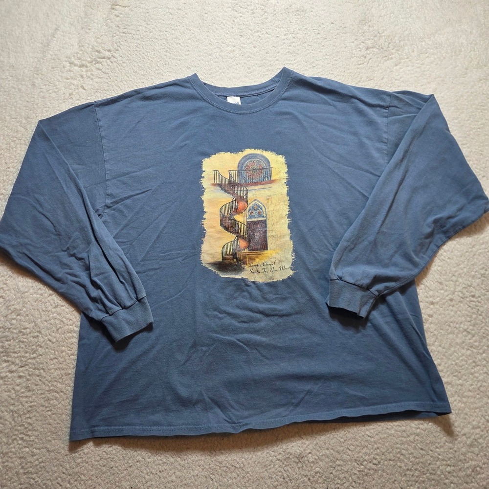 Gildan Long Sleeve Shirt Mens 2XL Blue Loretto Chapel Graphic Tee Santa Fe NM